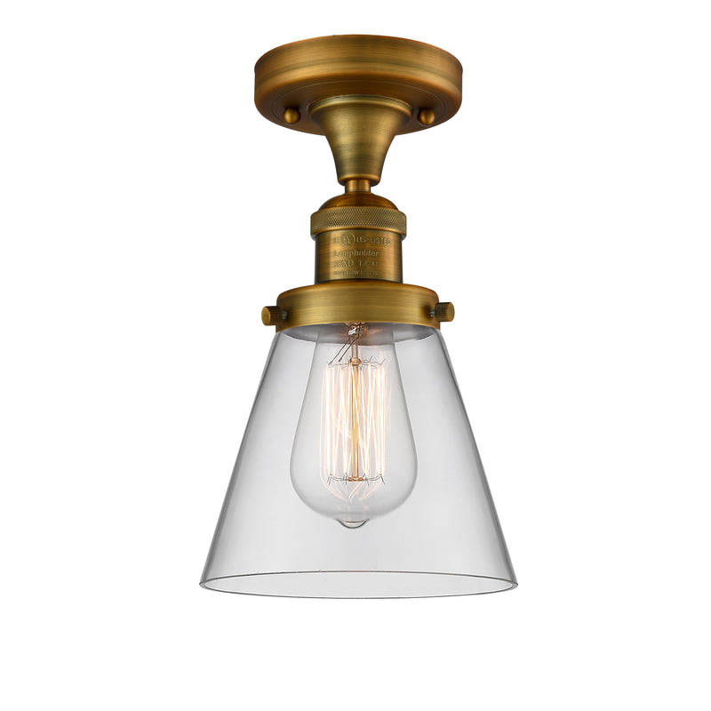 Cone Semi-Flush Mount shown in the Brushed Brass finish with a Clear shade