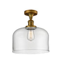 Bell Semi-Flush Mount shown in the Brushed Brass finish with a Clear shade