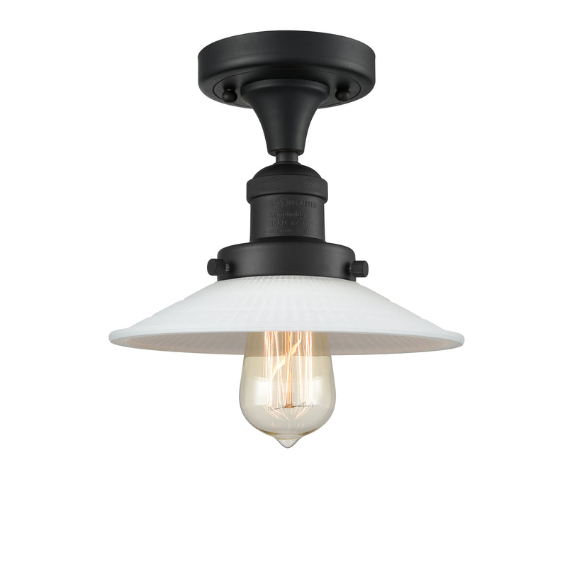 Halophane Semi-Flush Mount shown in the Matte Black finish with a Matte White Halophane shade