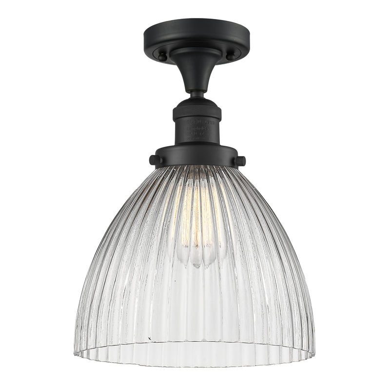 Seneca Falls Semi-Flush Mount shown in the Matte Black finish with a Clear Halophane shade