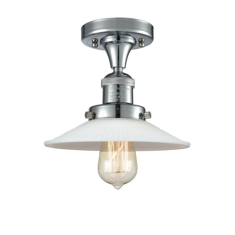 Halophane Semi-Flush Mount shown in the Polished Chrome finish with a Matte White Halophane shade