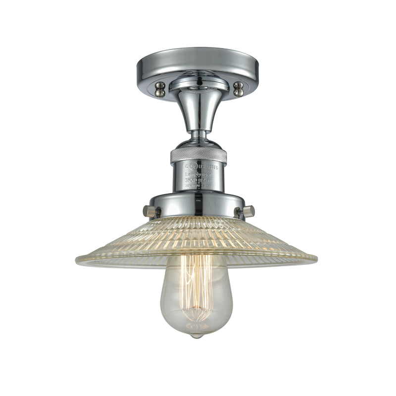 Halophane Semi-Flush Mount shown in the Polished Chrome finish with a Clear Halophane shade