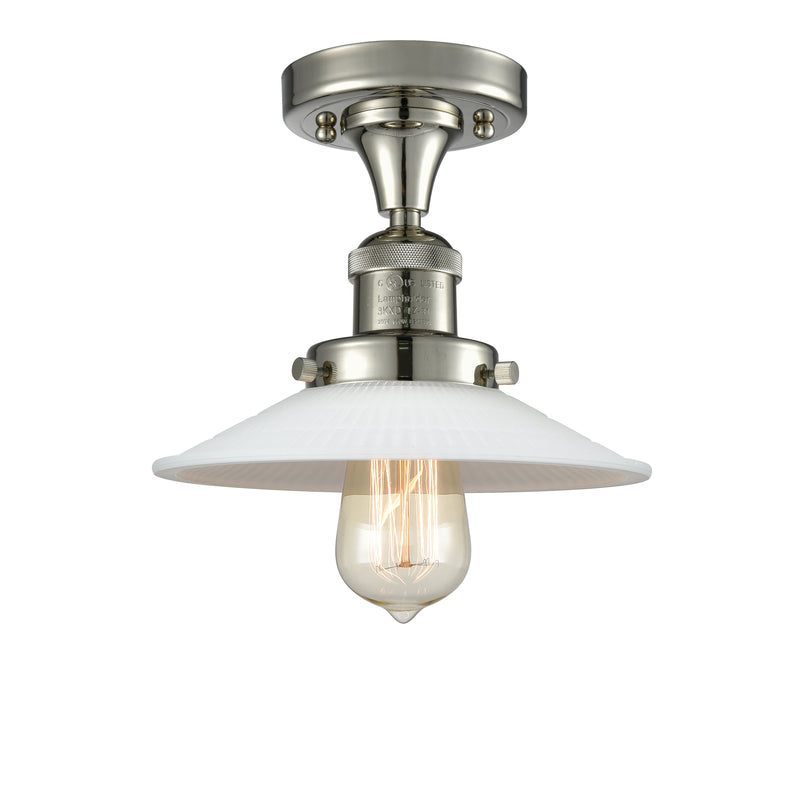 Halophane Semi-Flush Mount shown in the Polished Nickel finish with a Matte White Halophane shade