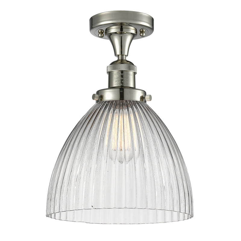 Seneca Falls Semi-Flush Mount shown in the Polished Nickel finish with a Clear Halophane shade