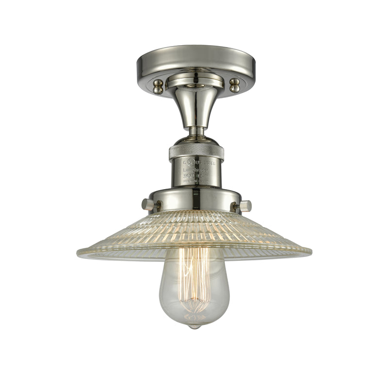 Halophane Semi-Flush Mount shown in the Polished Nickel finish with a Clear Halophane shade