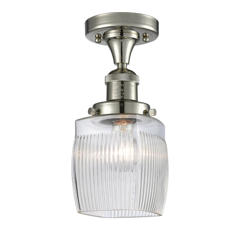 Colton Semi-Flush Mount shown in the Polished Nickel finish with a Clear Halophane shade