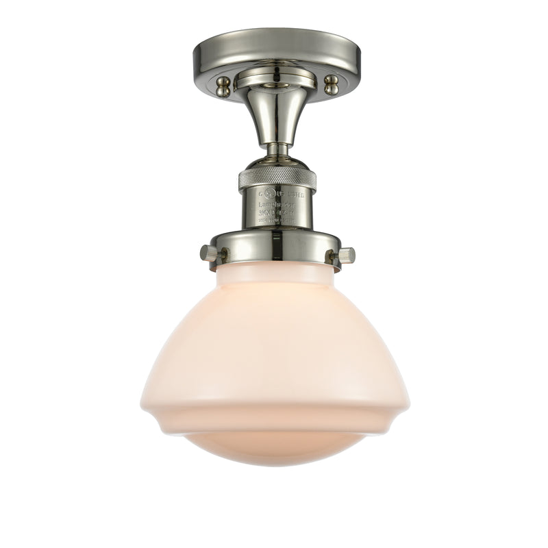 Olean Semi-Flush Mount shown in the Polished Nickel finish with a Matte White shade