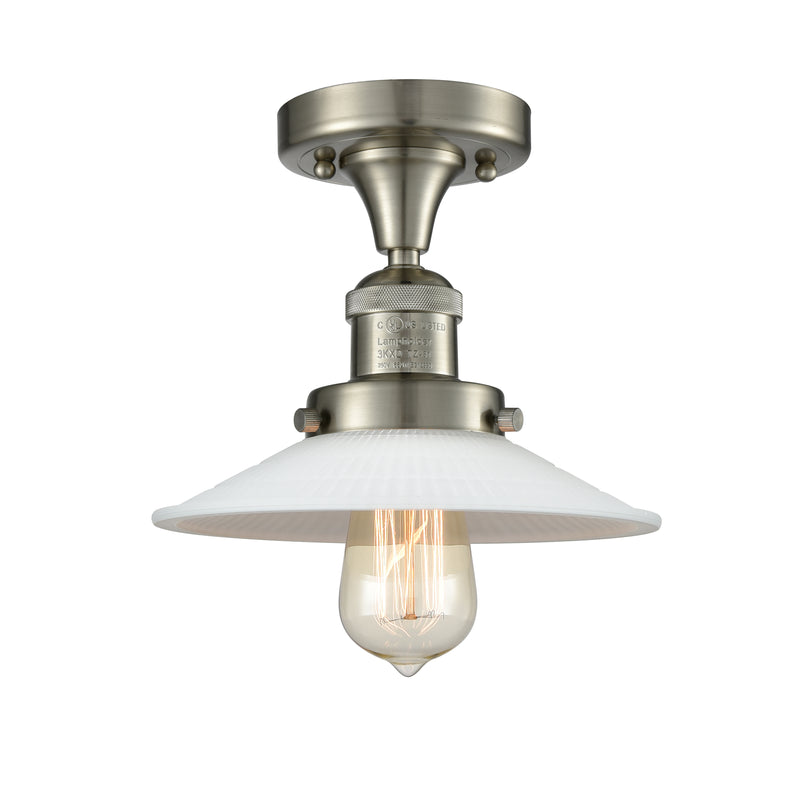 Halophane Semi-Flush Mount shown in the Brushed Satin Nickel finish with a Matte White Halophane shade