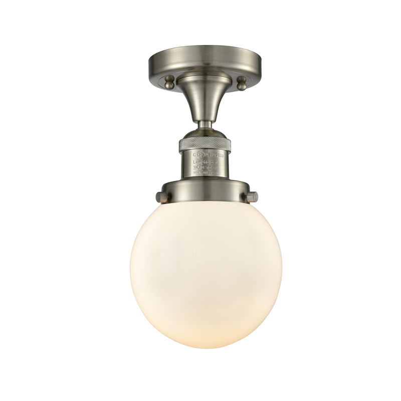 Beacon Semi-Flush Mount shown in the Brushed Satin Nickel finish with a Matte White shade