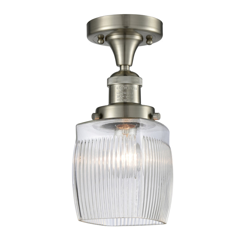 Colton Semi-Flush Mount shown in the Brushed Satin Nickel finish with a Clear Halophane shade