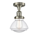 Olean Semi-Flush Mount shown in the Brushed Satin Nickel finish with a Clear shade