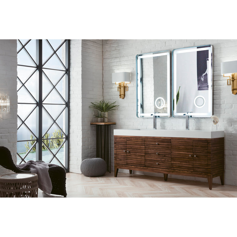 James Martin Linear 72" Double Vanity Mid Century Walnut with Glossy White Composite Top 210-V72D-WLT-GW