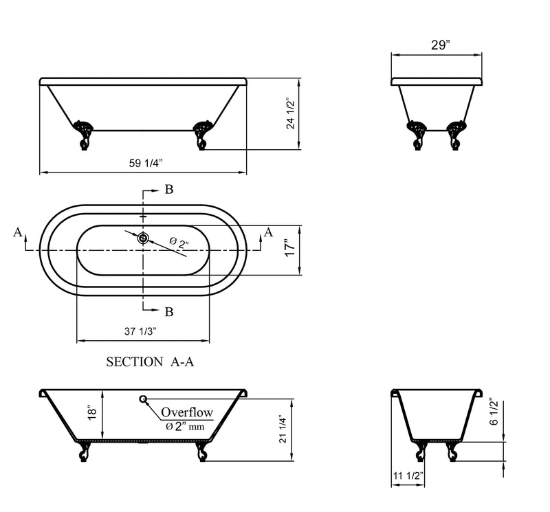 Cambridge Plumbing Acrylic Slipper Clawfoot Bathtub 60" x 29" Bronze Finish No Drillings