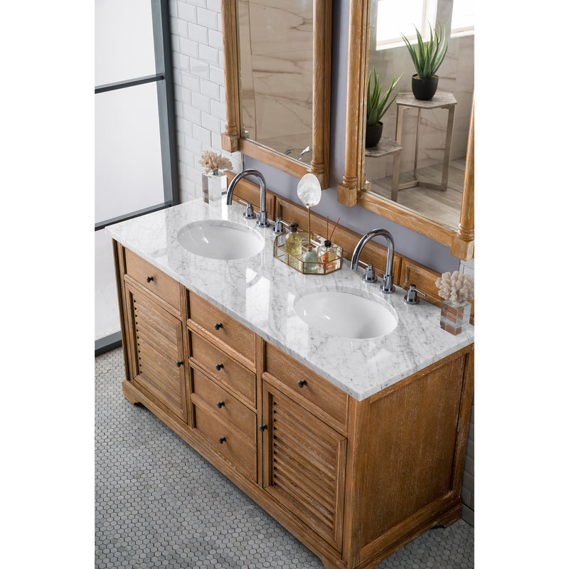 James Martin Savannah 60" Double Vanity Cabinet Driftwood with 3 cm Carrara White Top 238-104-5611-3OCAR