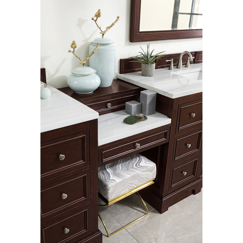 James Martin De Soto 118" Double Vanity Set Burnished Mahogany with Makeup Table 3 cm Arctic Fall Solid Surface Top 825-V118-BNM-DU-AF