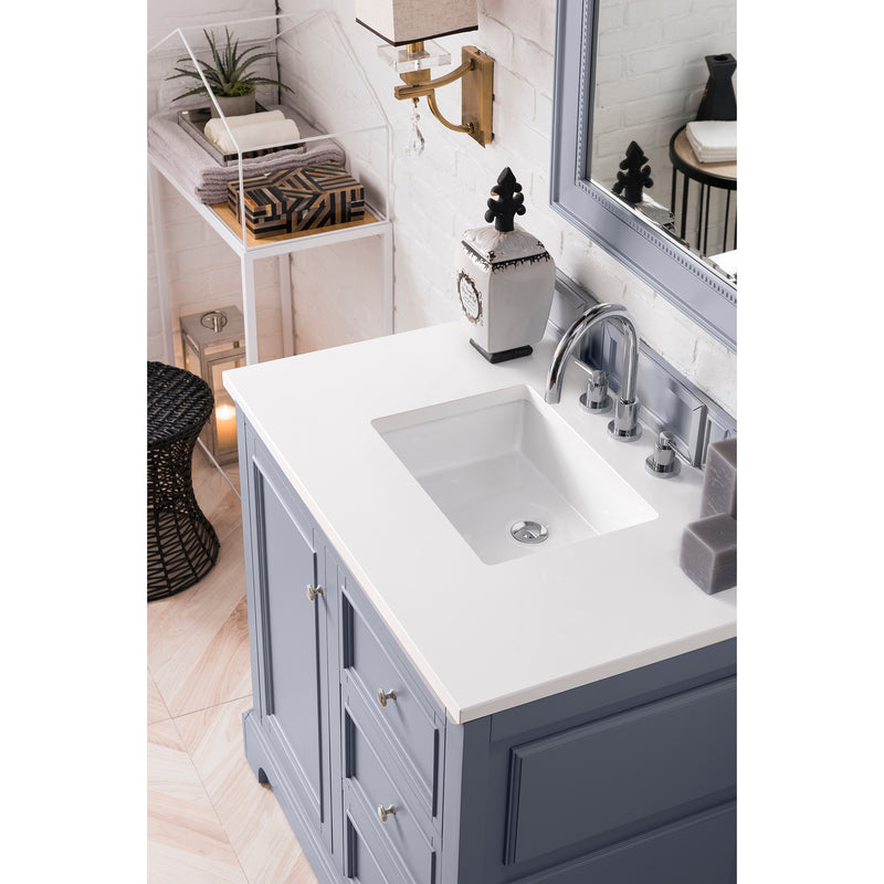 James Martin De Soto 36" Single Vanity Silver Gray with 3 cm Classic White Quartz Top 825-V36-SL-3CLW