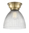 Seneca Falls Flush Mount shown in the Antique Brass finish with a Clear Halophane shade