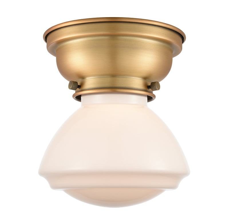 Olean Flush Mount shown in the Brushed Brass finish with a Matte White shade