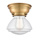 Olean Flush Mount shown in the Brushed Brass finish with a Seedy shade