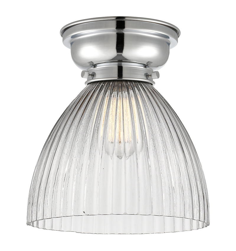 Seneca Falls Flush Mount shown in the Polished Chrome finish with a Clear Halophane shade