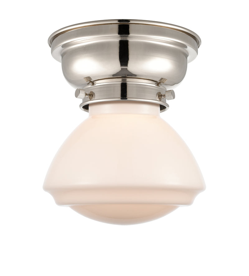 Olean Flush Mount shown in the Polished Nickel finish with a Matte White shade