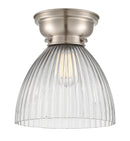 Seneca Falls Flush Mount shown in the Brushed Satin Nickel finish with a Clear Halophane shade