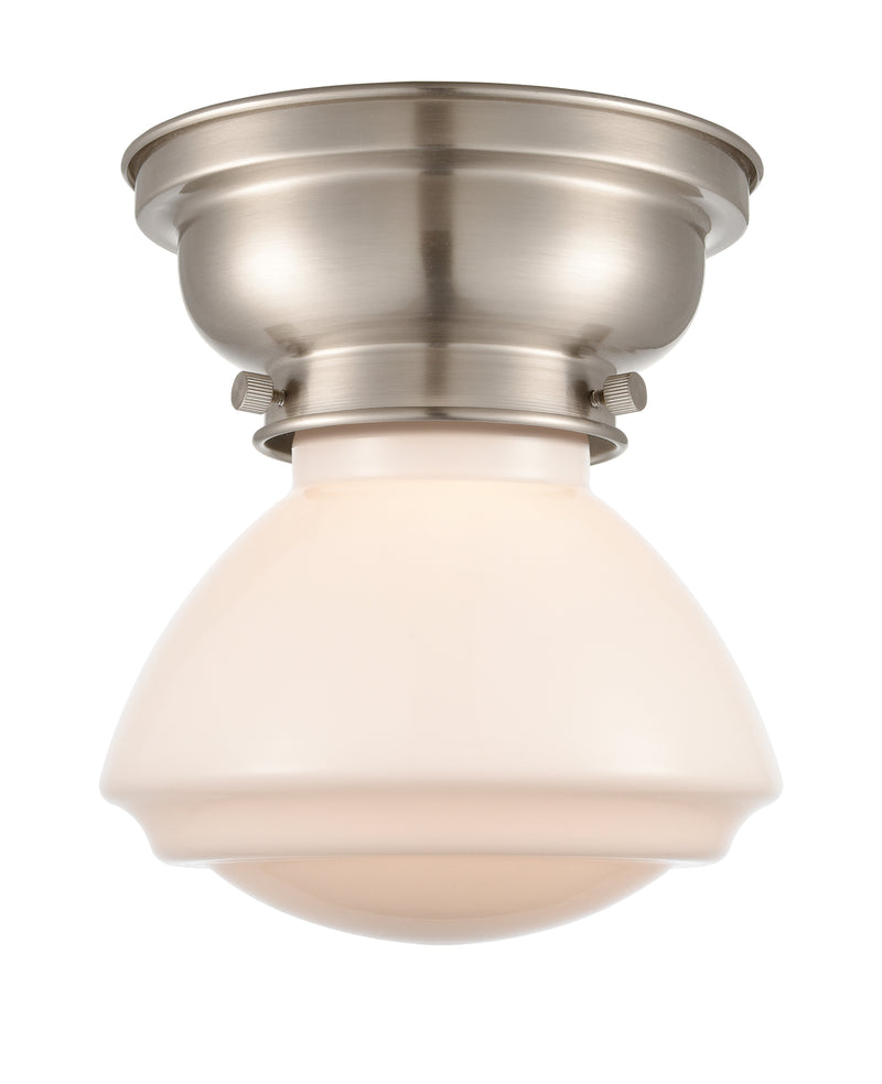 Olean Flush Mount shown in the Brushed Satin Nickel finish with a Matte White shade