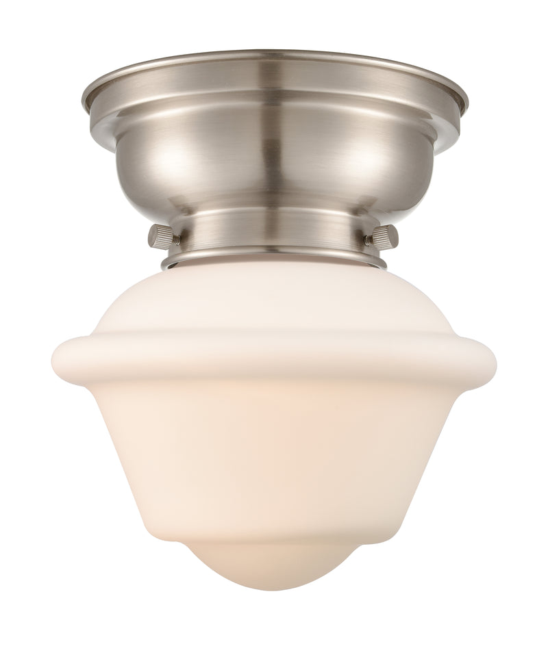 Oxford Flush Mount shown in the Brushed Satin Nickel finish with a Matte White shade