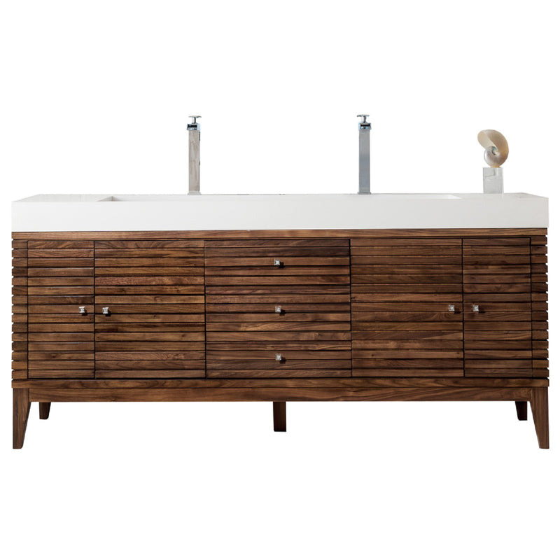 James Martin Linear 72" Double Vanity Mid Century Walnut with Glossy White Composite Top 210-V72D-WLT-GW