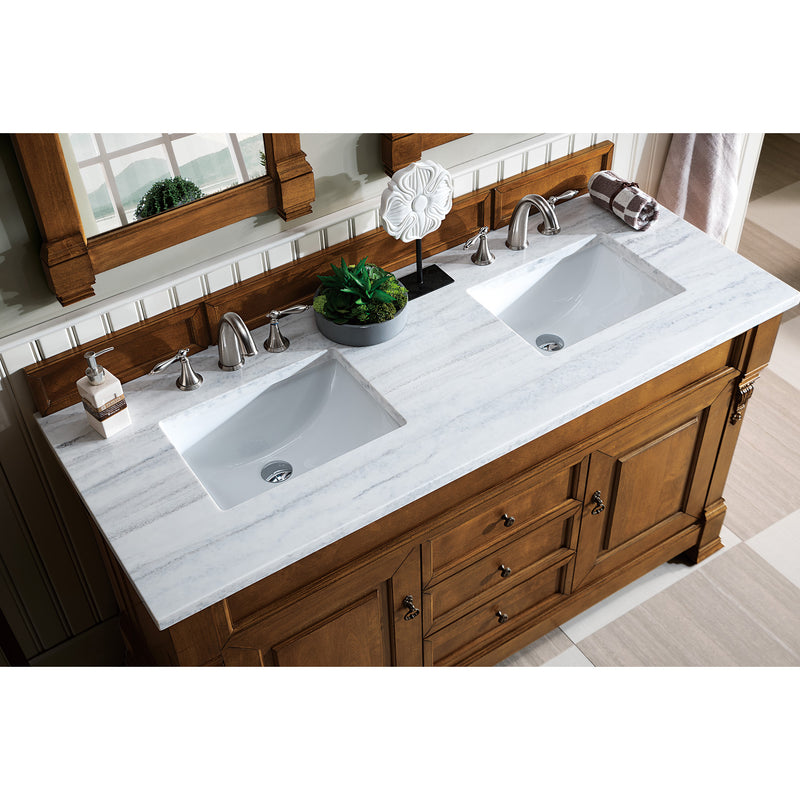 James Martin Brookfield 60" Country Oak Double Vanity with 3 cm Arctic Fall Solid Surface Top 147-114-5671-3AF