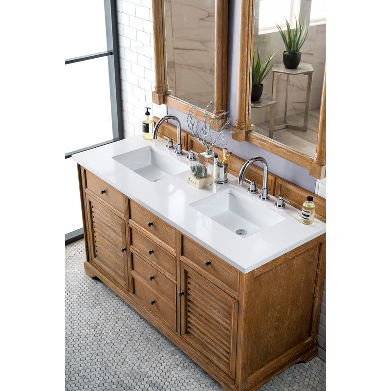 James Martin Savannah 60" Double Vanity Cabinet Driftwood with 3 cm Classic White Quartz Top 238-104-5611-3CLW