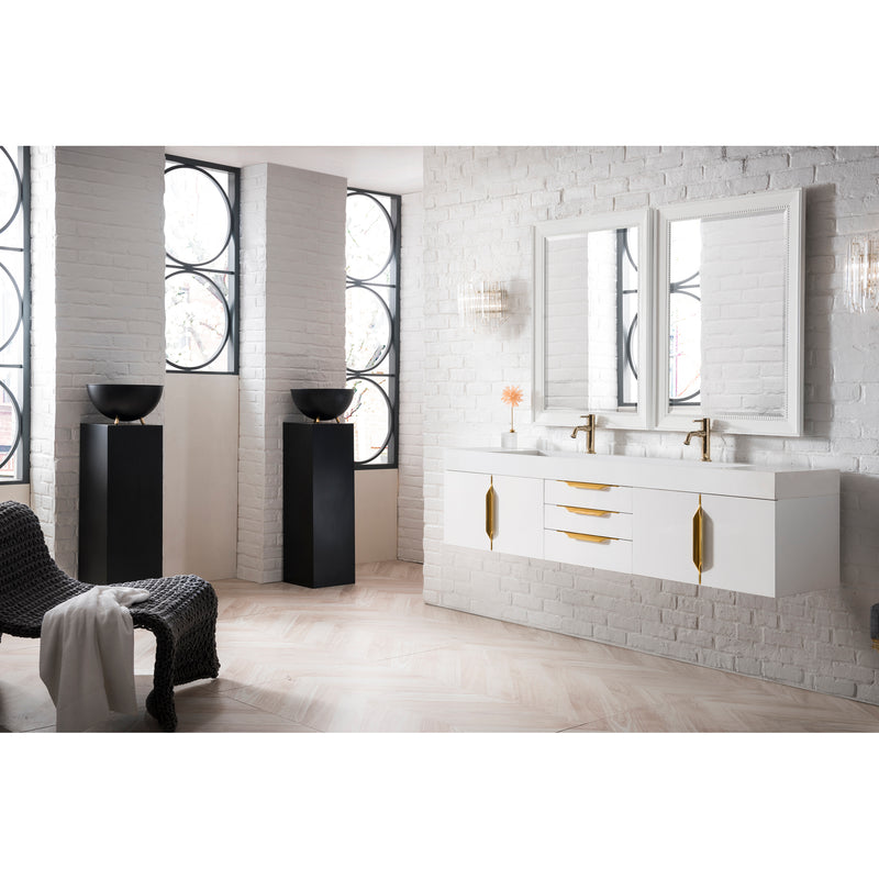 James Martin Mercer Island 72" Double Vanity Glossy White Radiant Gold with Glossy White Composite Top 389-V72D-GW-G-GW