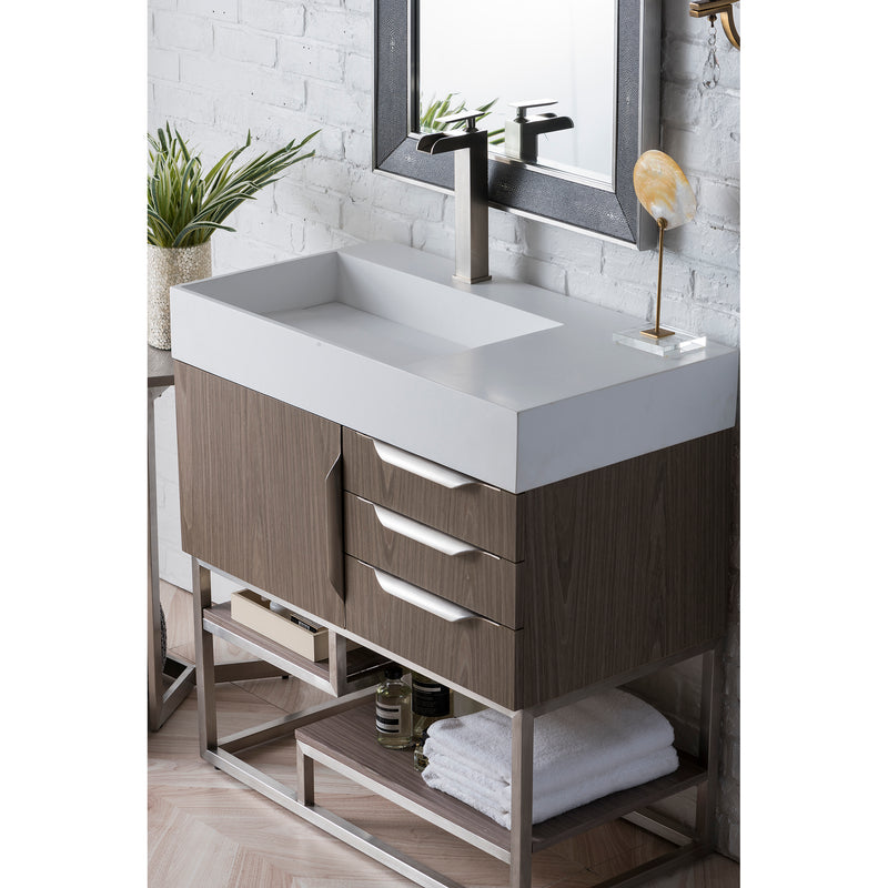 James Martin Columbia 36" Single Vanity Ash Gray with Glossy White Composite Top 388-V36-AGR-BN-GW