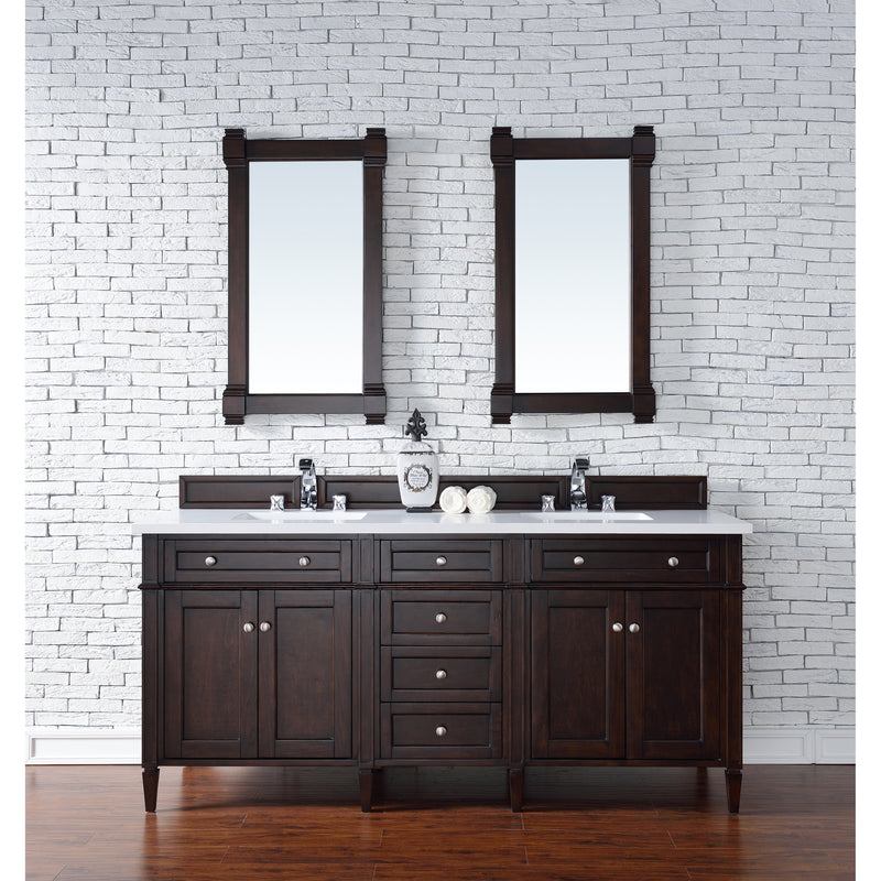 James Martin Brittany 72" Burnished Mahogany Double Vanity with 3 cm Classic White Quartz Top 650-V72-BNM-3CLW