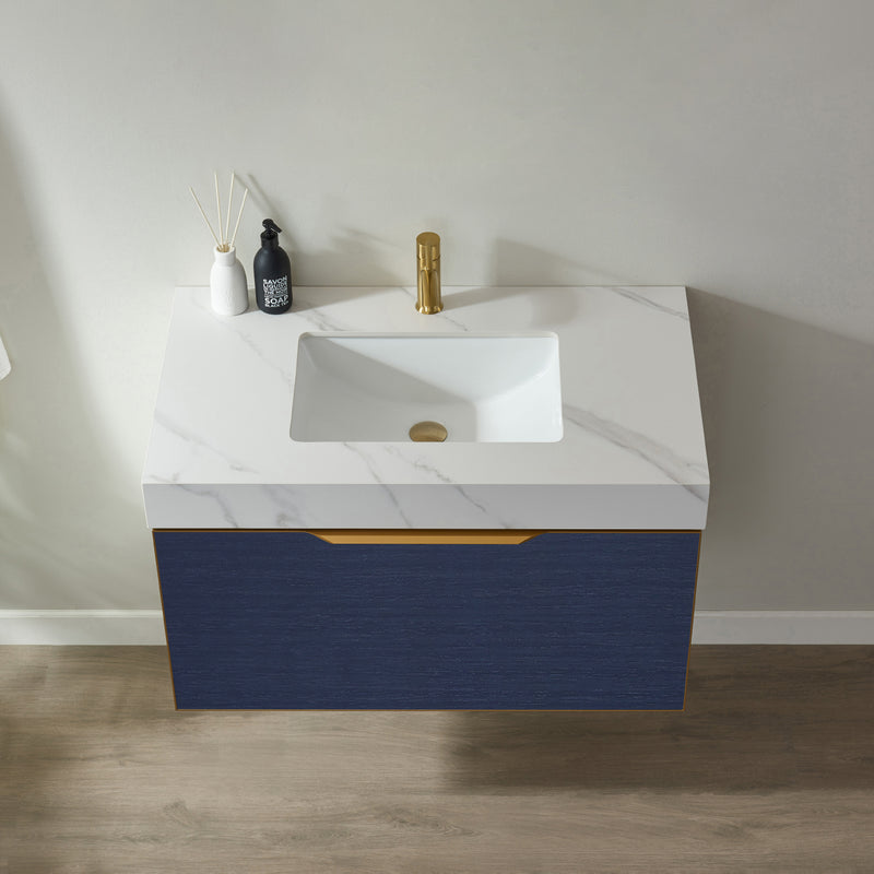 Alicante 36" Vanity in Classic Blue with White Sintered Stone Countertop and undermount sink With Mirror