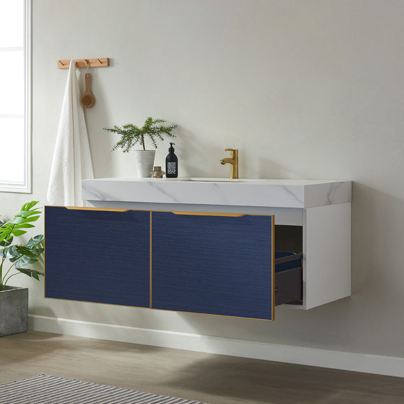 Alicante 48" Vanity in Classic Blue with White Sintered Stone Countertop and undermount sink With Mirror