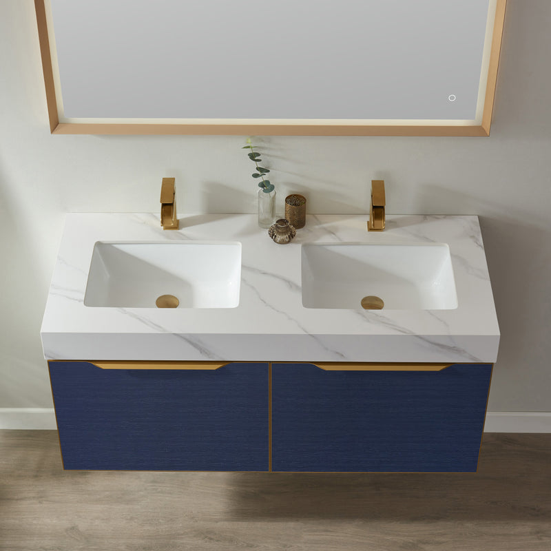 Alicante 48M" Vanity in Classic Blue with White Sintered Stone Countertop and undermount sink With Mirror