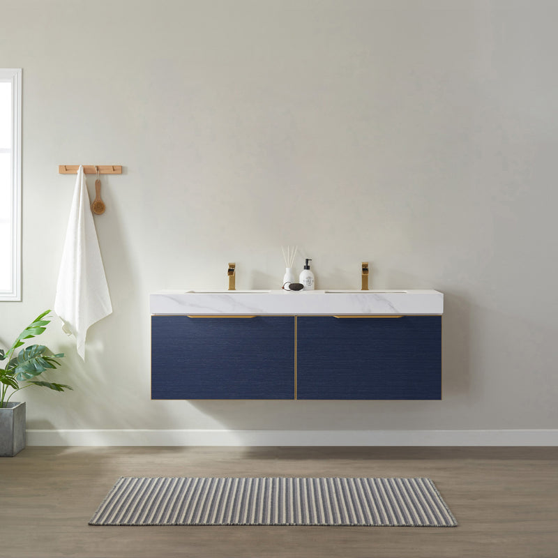 Alicante 60" Vanity in Classic Blue with White Sintered Stone Countertop and undermount sink With Mirror