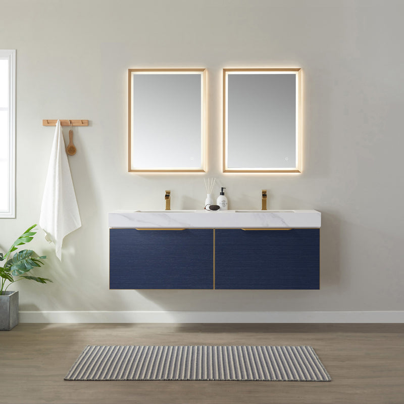 Alicante 60" Vanity in Classic Blue with White Sintered Stone Countertop and undermount sink With Mirror