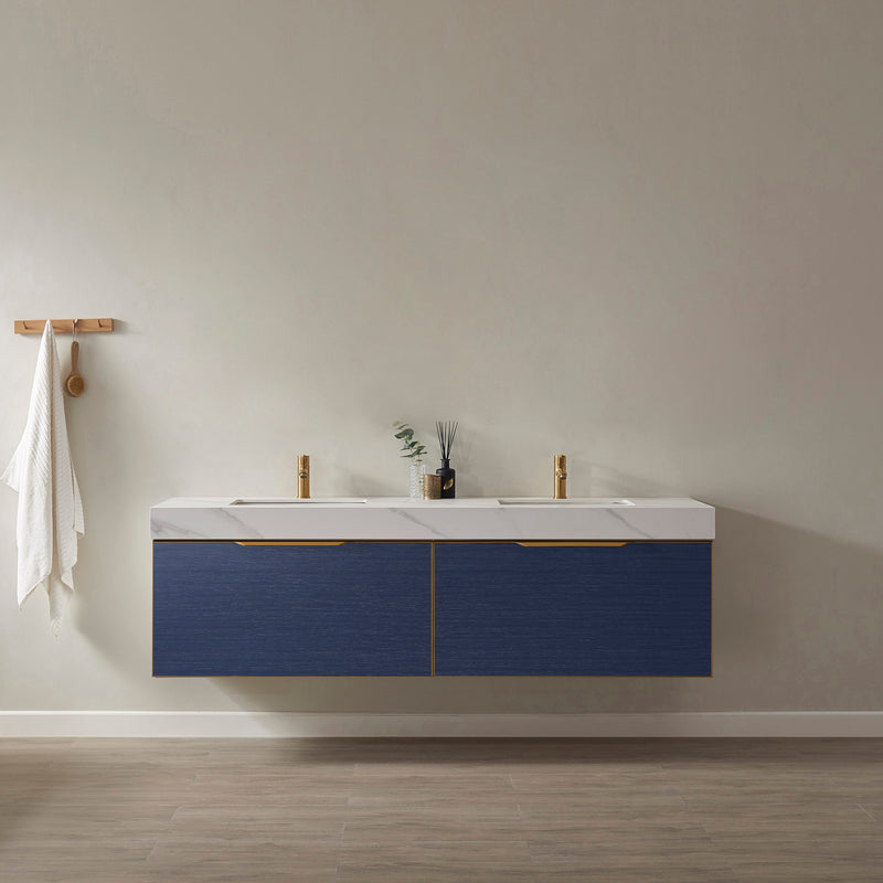 Alicante 72" Vanity in Classic Blue with White Sintered Stone Countertop and undermount sink With Mirror