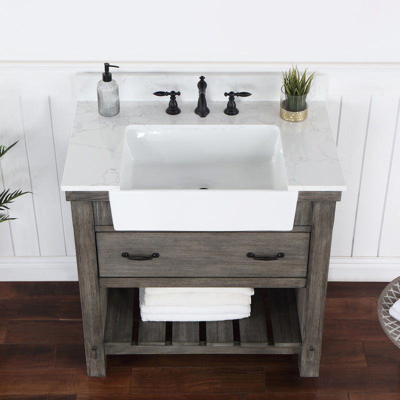 Villareal 36" Single Bath Vanity with Composite Stone Top in White, White Farmhouse Basin