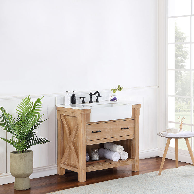 Villareal 36" Single Bath Vanity with Composite Stone Top in White, White Farmhouse Basin