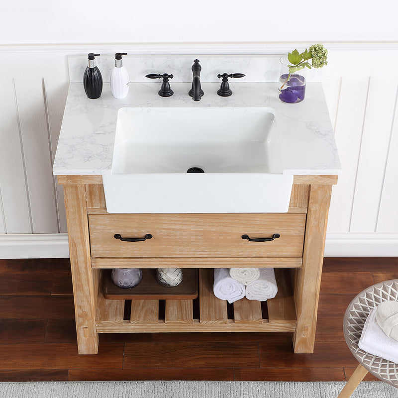 Villareal 36" Single Bath Vanity with Composite Stone Top in White, White Farmhouse Basin