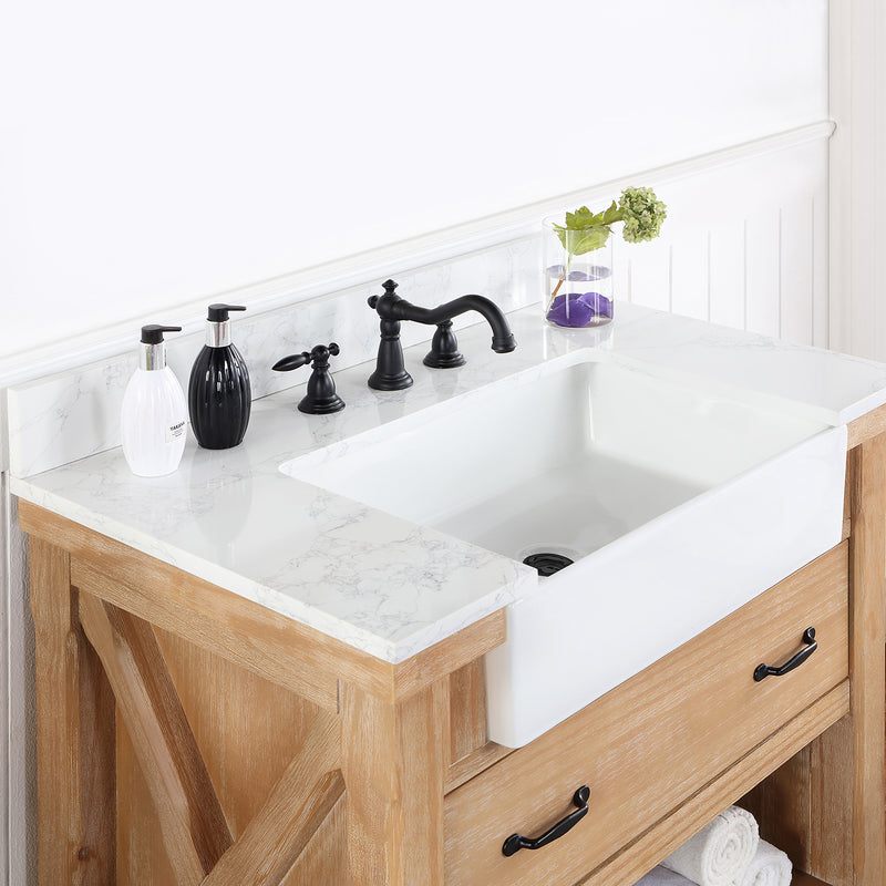 Villareal 36" Single Bath Vanity with Composite Stone Top in White, White Farmhouse Basin