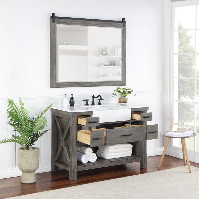 Villareal 48" Single Bath Vanity with Composite Stone Top in White, White Farmhouse Basin