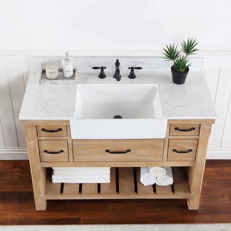 Villareal 48" Single Bath Vanity with Composite Stone Top in White, White Farmhouse Basin