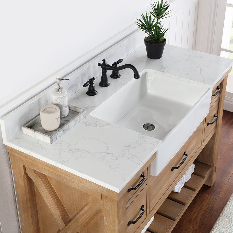 Villareal 48" Single Bath Vanity with Composite Stone Top in White, White Farmhouse Basin