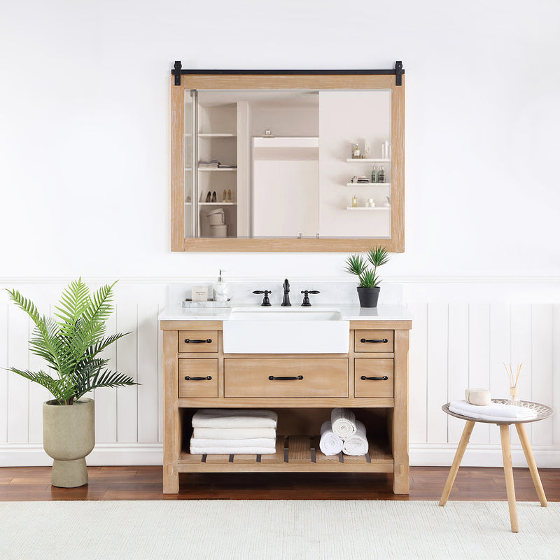 Villareal 48" Single Bath Vanity with Composite Stone Top in White, White Farmhouse Basin