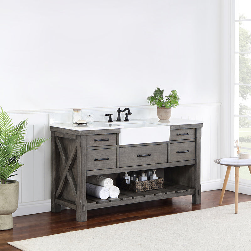 Villareal 60" Single Bath Vanity with Composite Stone Top in White, White Farmhouse Basin