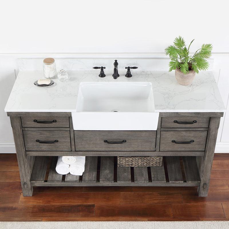 Villareal 60" Single Bath Vanity with Composite Stone Top in White, White Farmhouse Basin